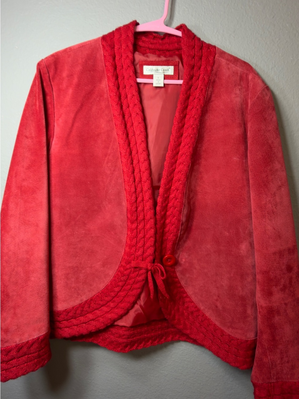 Coldwater Creek Red Leather shell Cardigan with Braided Trim